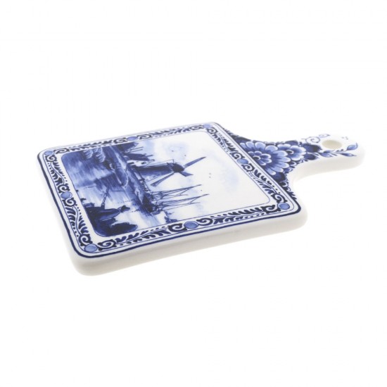 Ceramic Delft blue cheese board decorated with windmills in a typical Dutch landscape, rimmed with traditional Delft blue floral decoration.