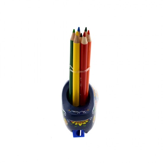 Blue clog with a basic set of crayon pencils. The clog is decorated with flowers and a mill and there is a pencil sharpener on the back.