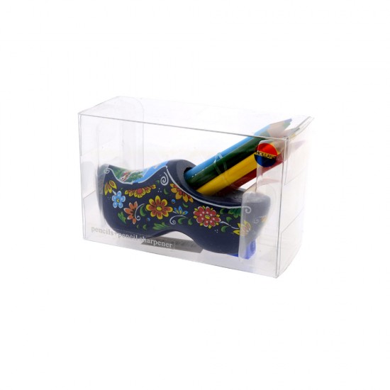 Blue clog with a basic set of crayon pencils. The clog is decorated with flowers and a mill and there is a pencil sharpener on the back.