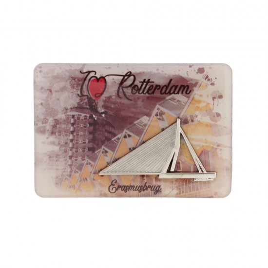 Fridge magnet of Rotterdam with images of Blaak, the pencil, cube houses and the Erasmus bridge in chromed metal embossed on the magnet.