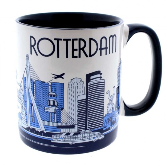 Stijlvolle Rotterdam mok met verschillende Rotterdamse iconen. Deze beker zit verpakt in een fraai bedrukt geschenkdoosje.