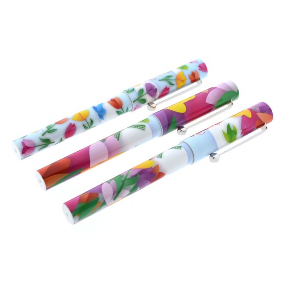 Cheerful pen set in blister packaging. Three ballpoint pens decorated with colorful tulips and the text Holland.