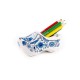 Delft blue clog with a basic set of crayon pencils. The clog is decorated with flowers and a mill and there is a pencil sharpener on the back.
