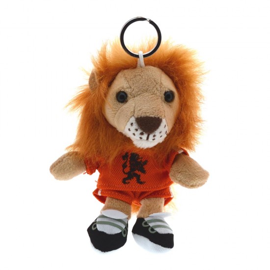 Oranger Löwen-Schlüsselanhänger. Niedlicher Plüschlöwe in orangefarbener Sportuniform mit der Rückennummer 8. Schlüsselanhänger für Fans niederländischer Sportmannschaften.