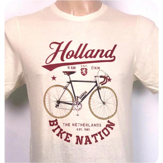 Cremefarbenes Kurzarm-T-Shirt. Cooles Shirt mit Aufdruck eines Sportrads und dem Text: Holland Bike Nation
