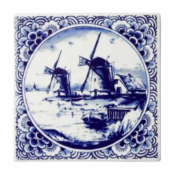 Delft blue tile windmill landscape floral pattern Delft blue tile windmill landscape floral pattern