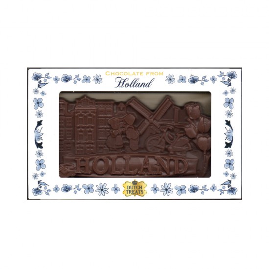 Milchschokoladentafel mit ikonischen niederländischen Symbolen: anmutigen Grachtenhäusern, einem sich küssenden Paar, einem Fahrrad, bunten Tulpen und dem Schriftzug „Holland“. 