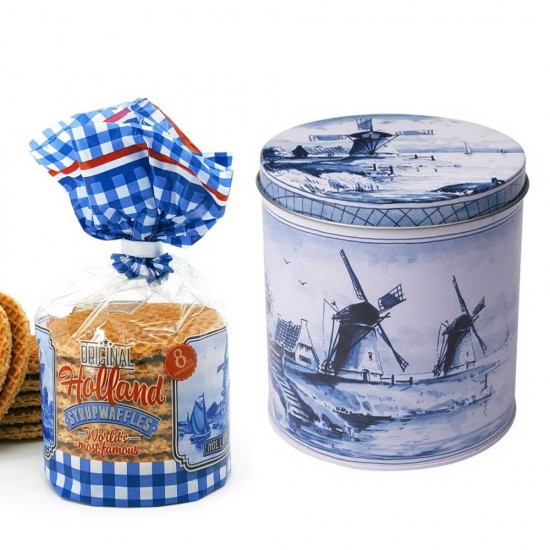 Köstliche Stroopwafels in einer extragroßen Delfter Blau-Dose. Die Stroopwafels sind mit einer weichen Buttersirupfüllung und natürlicher Bourbon-Vanille gefüllt.