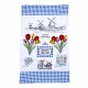 Küchentuch Discover Holland blau. Dieses schöne Küchentuch zeigt verschiedene Bilder typisch Niederländische Symbole und ist wunderschön gefaltet, was es zu einem fertigen Geschenk zum Verschenken macht.