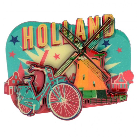 Kühlschrankmagnet mit Fahrrad und Windmühle und dem Text Holland im farbenfrohen Vintage-Stil. Dieses Kühlschrank-Memo aus MDF besteht aus 2 Schichten