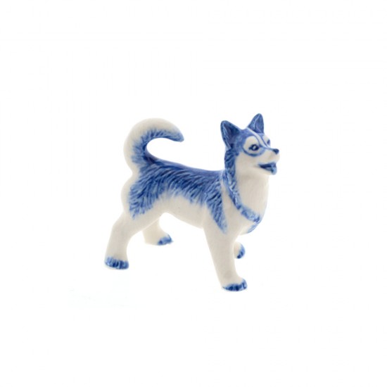 Handbemalte Miniaturstatue eines Husky aus Delfter Blaukeramik