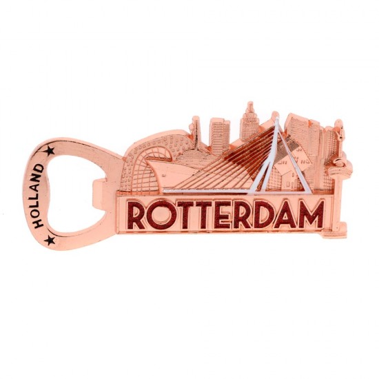 Rose gold-colored refrigerator magnet and bottle opener Rotterdam with various sights from the port city such as De Markthal, Erasmus Bridge, Euromast, cube house and skyline