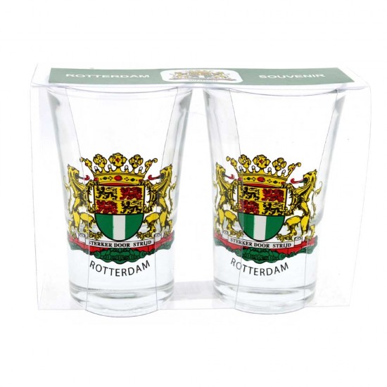 Geschenkset bestaande uit twee borrelglaasjes met afbeelding van het wapen van Rotterdam sterker door strijd.