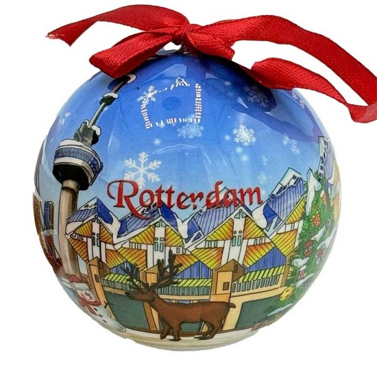 Lichtgewicht kunststof kerstbal met een vrolijke decoratie van Rotterdamse iconen zoals de Erasmusbrug, markthal en Kubuswoningen in kleur