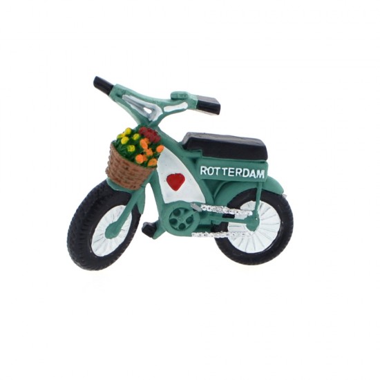Opvallende koelkastmagneet in de vorm van een Fatbike met een tulpenmand, een rood hartje en de tekst Rotterdam.