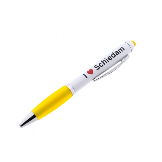 Ballpoint pen I love Schiedam. At the bottom you turn the pen open or closed and at the top is a tablet and mobile pen.