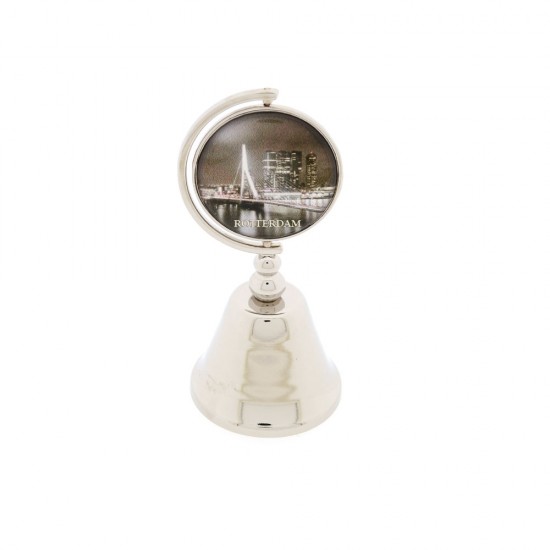 Table bell / reception bell / counter bell with Rotterdam logo stronger through struggle. Chrome-plated bell with rotating skyline or coat of arms of Rotterdam.