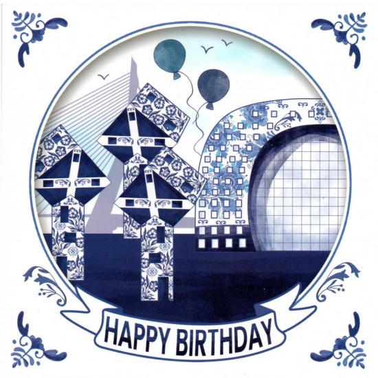 Verras iemand met deze unieke verjaardagskaart in Delfts Blauwe tegelstijl, geïnspireerd op de iconische architectuur van Rotterdam. De kaart is rijk gedecoreerd met herkenbare Rotterdamse highlights zoals de Erasmusbrug, de Markthal en de Kubuswoningen.