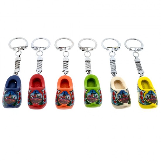Set mit 6 Holzschuhe-Schlüsselanhängern in den Farben Rot, Weiß, Blau, Orange, Grün und Gelb