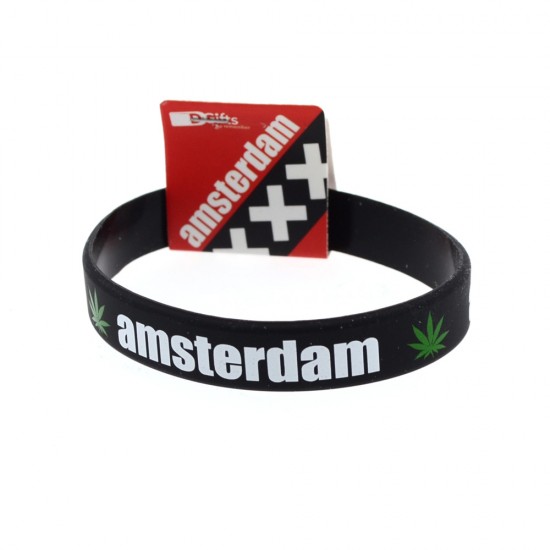 Black silicone bracelet with Amsterdam print and a green cannabis leaf