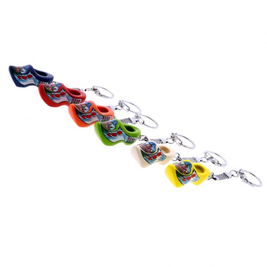 Set mit 6 Holzschuhe-Schlüsselanhängern in den Farben Rot, Weiß, Blau, Orange, Grün und Gelb