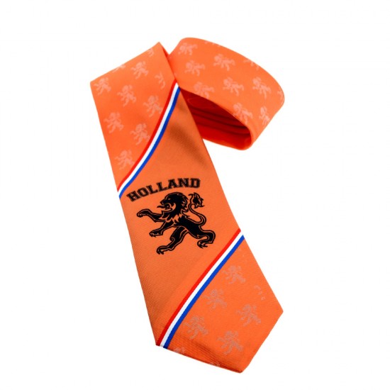 Leuke oranje stropdas met Holland, leeuw en vlag. Deze stropdas is perfect voor een Oranje thema feest en natuurlijk tijdens wedstrijden van Het Nederlands nationale team