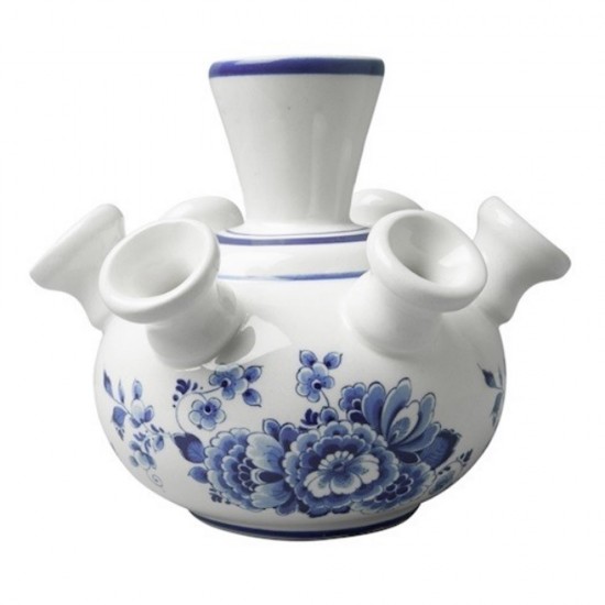 Kleine Tulpenvase mit traditionellem Delfter Blau-Blumendekor. Diese Vase mit 7 Ausgüssen ist etwas kleiner als die üblichen Tulpenvasen und eignet sich daher sehr gut zum Kürzen loser Blumen, um ein schönes Dekorationsstück in Ihrem Zuhause zu schaffen.