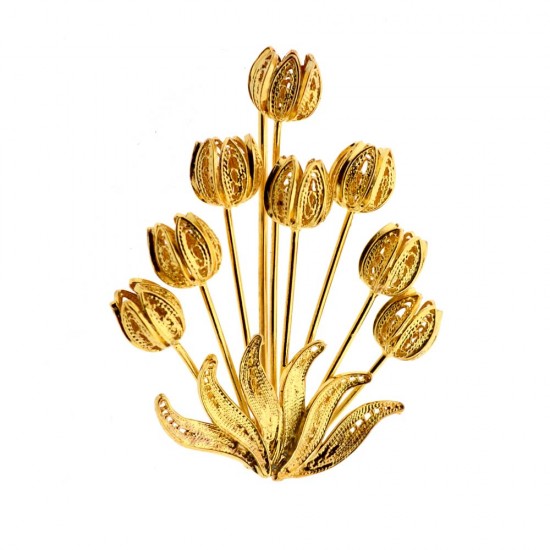 Vergoldete Silberbrosche mit Tulpen. Dieses Schmuckstück ist aus 925er Sterlingsilber gefertigt