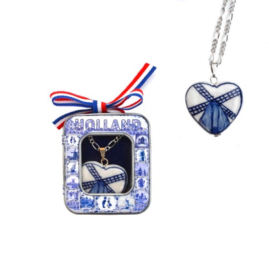 Gift box with silver-plated necklace with hand-painted Delft blue ceramic heart with windmill