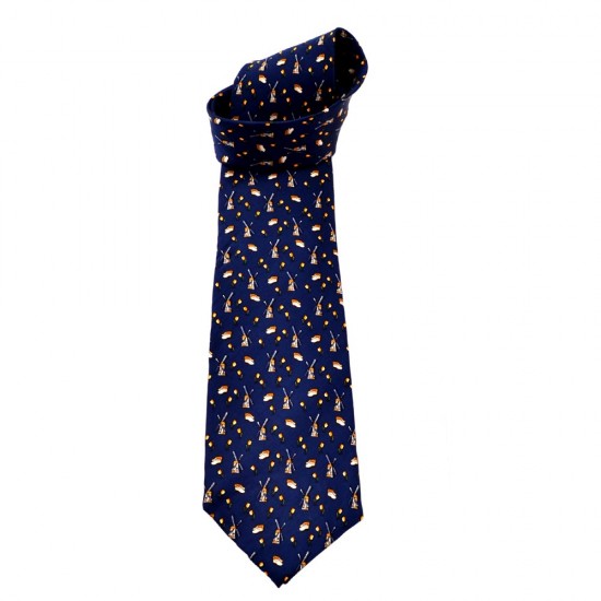Navy blue tie with repeating pattern of windmills clogs and tulips