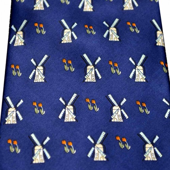 Navy blauwe stropdas met herhalende patroon van beige molens en oranje tulpjes