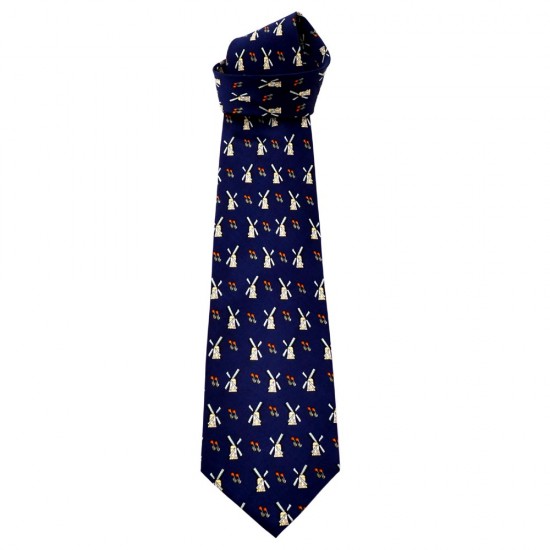 Navy blauwe stropdas met herhalende patroon van beige molens en oranje tulpjes