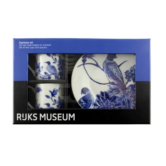 Rijksmuseum gift set with 2 espresso cups with saucer decorated with an image of a Delft blue tile tableau from the Rijksmuseum