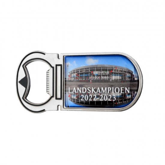Kühlschrankmagnet und Flaschenöffner mit Stadion De Kuip und dem Text: Nationaler Meister 2022–2023. Eine schöne Erinnerung an die nationale Feyenoord-Meisterschaft in der Saison 2022-2023. Kleben Sie den Magneten an Ihren Kühlschrank und öffnen Sie Ihre  Kühlschrankmagnet und Flaschenöffner mit Stadion De Kuip und dem Text: Nationaler Meister 2022–2023