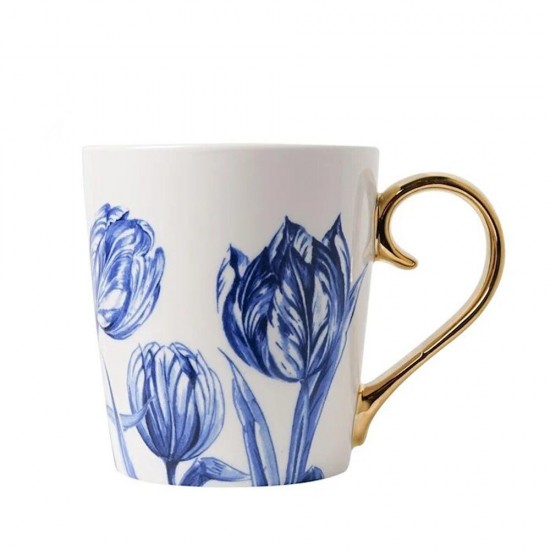 Porzellanbecher mit moderner Tulpendekoration in Delfter Blau und goldenem Ohr