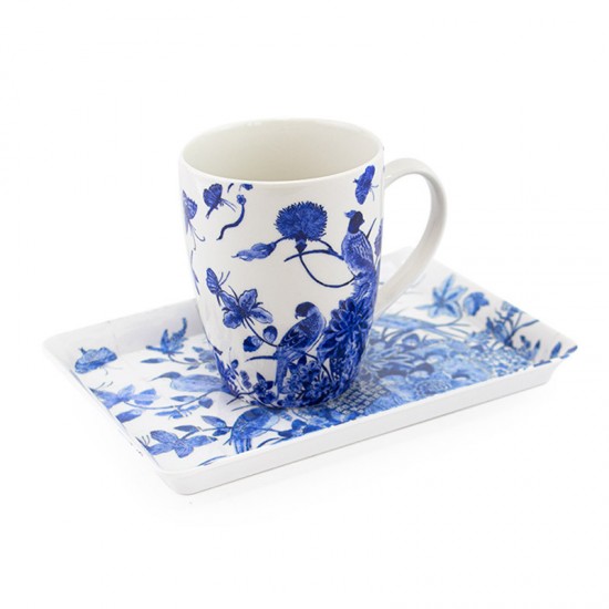 Rijksmuseum-Geschenkset mit einer Kaffeetasse mit Delfter Blau Vögel und einem Tablett mit Delfter Blau vögeln als Dekoration