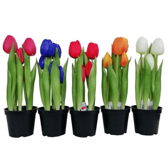 5 Fuchsiefarbene Real Touch-Tulpen in einem Topf. Diese Tulpen sind praktisch nicht von echten Tulpen zu unterscheiden und haben das Aussehen und die Haptik echter Tulpen