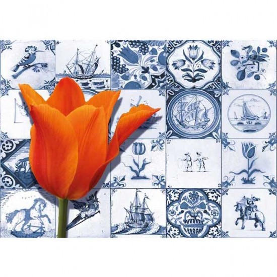 Postkartenfliesen Delfter Blau-Orange Tulpe