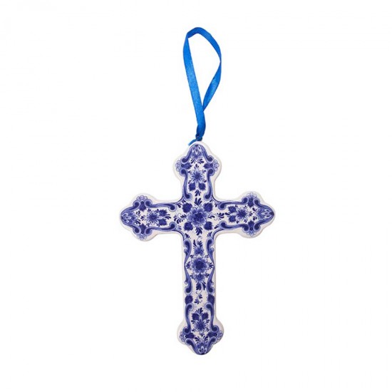 Delfter blauer Weihnachtsschmuck Kreuz mit Blumenmuster