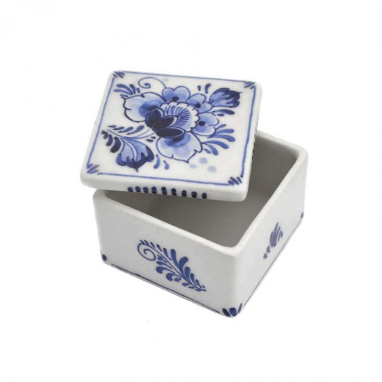 Quadratische handbemalte Delfter Blaue Schmuckschatulle mit Blumenmotiv Schmuckkästchen Delfter Blaue Blume Quadrat handbemalt