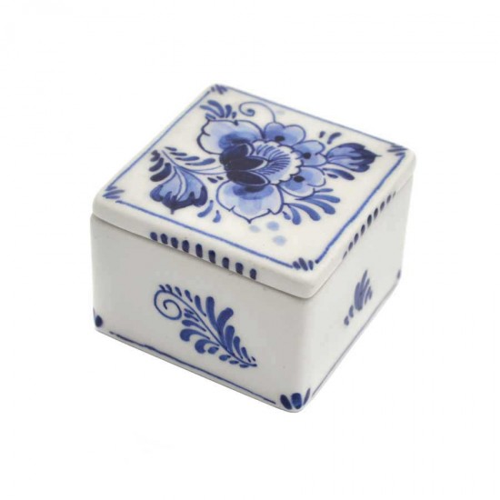 Quadratische handbemalte Delfter Blaue Schmuckschatulle mit Blumenmotiv Schmuckkästchen Delfter Blaue Blume Quadrat handbemalt