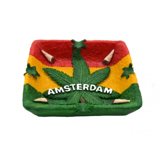 Amsterdamer Aschenbecher mit Cannabisblatt in Rasta-Farben. Schöner robuster bunter Reggae aschenbecher