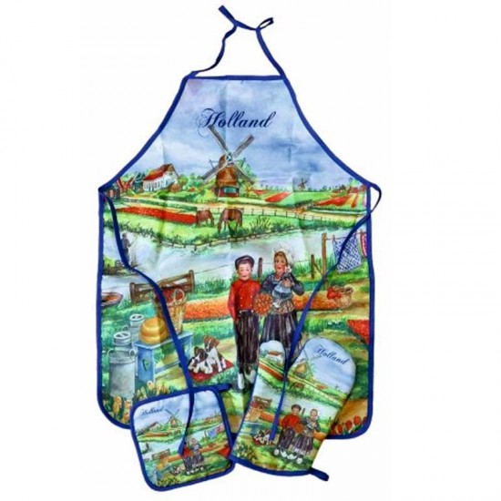 3-teiliges Küchentextil-Set bestehend aus Küchenschürze, Topflappen und Topflappen. Praktische Küchentextilien mit wunderschönen Holland-Illustrationen. 3-teiliges Küchentextil-Set bestehend aus Küchenschürze, Topflappen und Topflappen