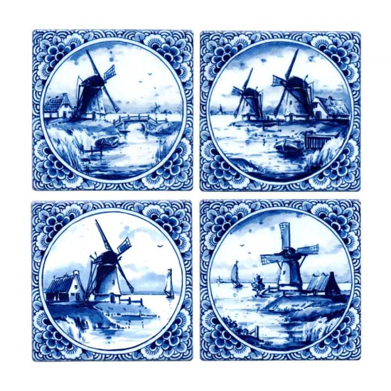 Set aus 4 Keramikuntersetzern aus glasierten Delfter blauen Kacheln mit Dekoration verschiedener Windmühlen in einer typisch holländischen Landschaft