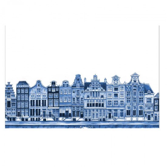 Ein robustes Tischset aus Baumwolle mit Amsterdam Grachtenhäuser in Delfter Blau. Praktischer Untersetzer für Herdplatten und Pfannen