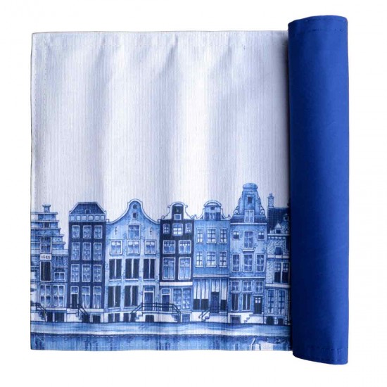 Ein robustes Tischset aus Baumwolle mit Amsterdam Grachtenhäuser in Delfter Blau. Praktischer Untersetzer für Herdplatten und Pfannen