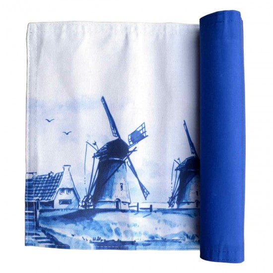 Ein robustes Tischset aus Baumwolle mit holländischen Windmühlen in Delfter Blau. Praktischer Untersetzer für Herdplatten und Pfannen