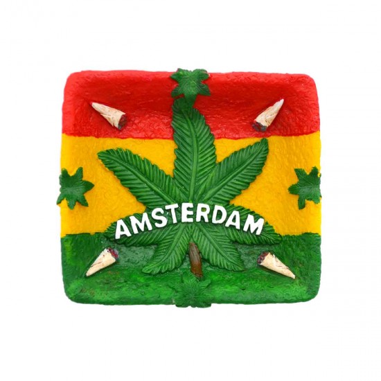 Amsterdamer Aschenbecher mit Cannabisblatt in Rasta-Farben. Schöner robuster bunter Reggae aschenbecher