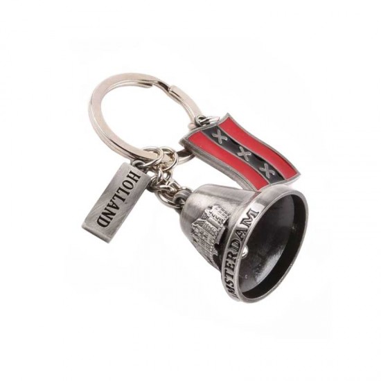 Amsterdam Holland key ring with bell and charms. The charms with Amsterdam on one side and Holland on the other, the Dutch flag and the Amsterdam crosses.