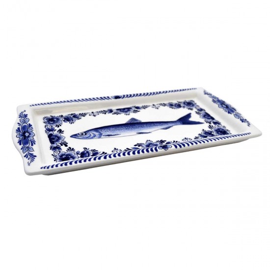 Delfter blaue Servierplatte, verziert mit einem Hering in traditioneller Delfter blauer Blumendekoration